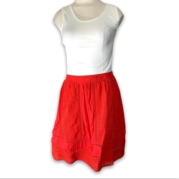 Solitaire Bohemian Skirt Sz L Coral Red Eyelet A Line Elastic Waist Breezy - Picture 1 of 9